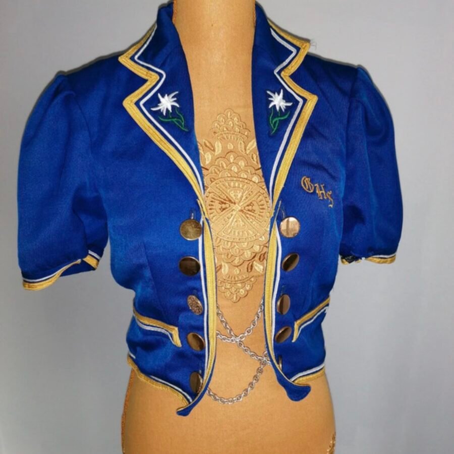 Veste courte vintage tyrolienne bleue brodée à chaînes dorées